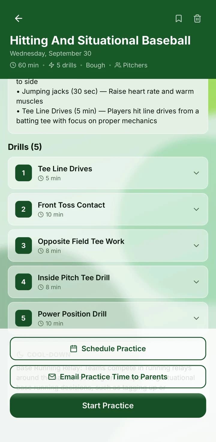 Guru app practice detail with buttons to schedule the practice, email the practice time to parents, and start practice.