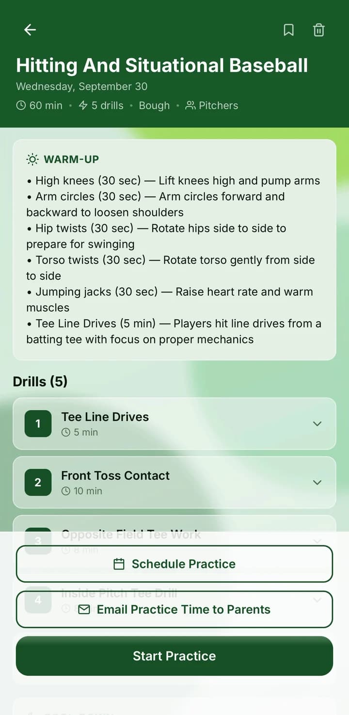 Guru app showing a generated 60 minute practice: Hitting and Situational Baseball, with a warm-up and five drills.