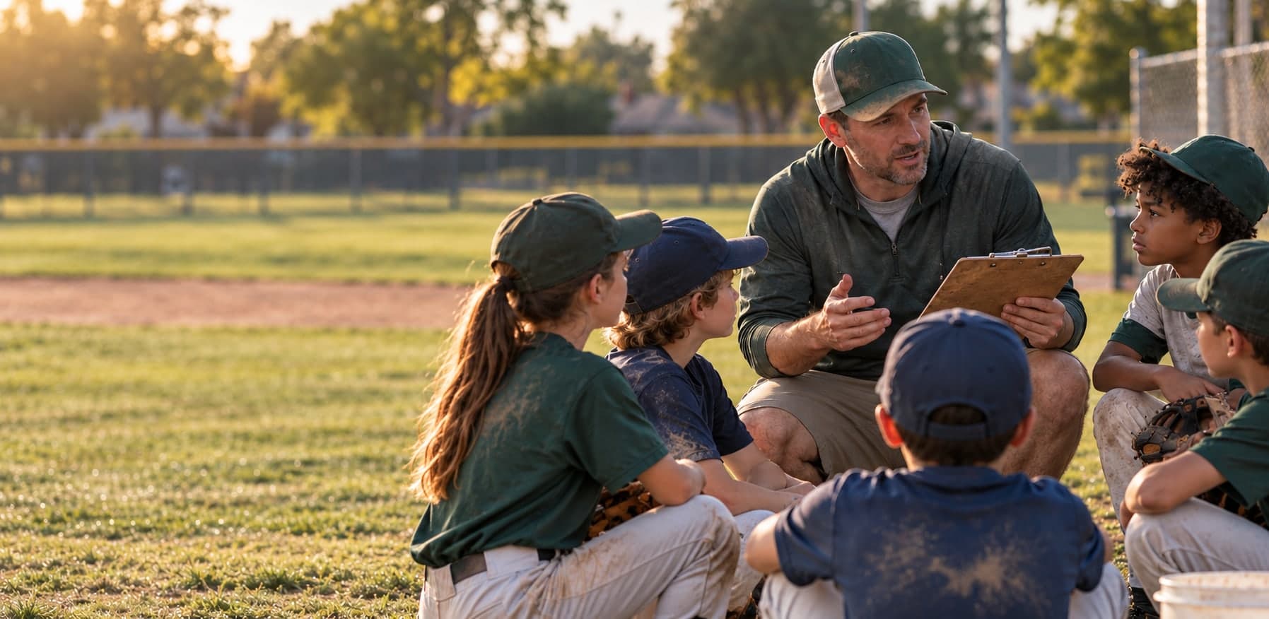 A volunteer coach kneels with his young baseball players on the field to talk through practice.