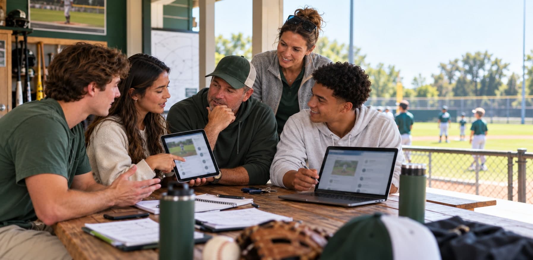Coaches and organizers plan practices together on tablets and laptops at a ballpark.
