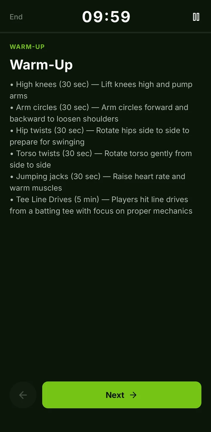 Practice mode warm-up with a 10 minute countdown and the warm-up moves.